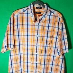 Nautica Plaid Button Up Shirt Men XXL Orange Navy Cruise Sailing Coast Big Tall